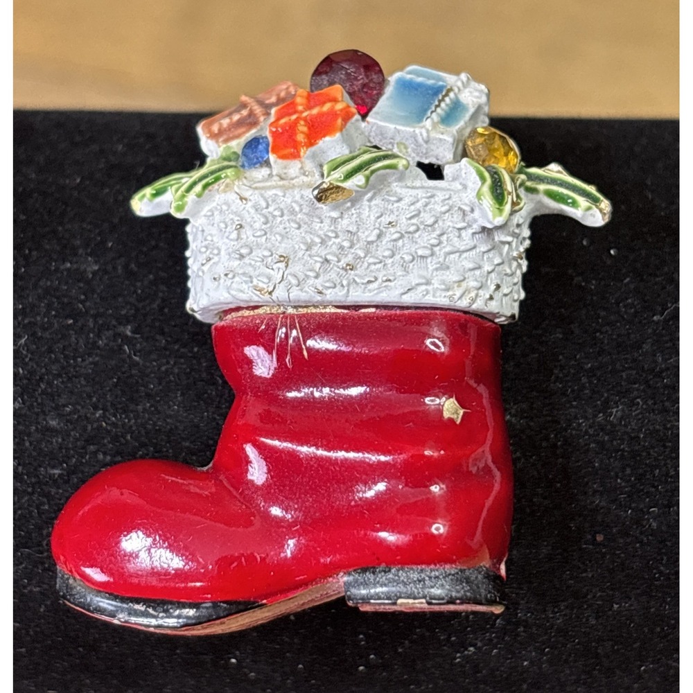 Vintage 1960s ART Christmas Santa Boot Brooch Enamel Rhinestone Signed Holiday